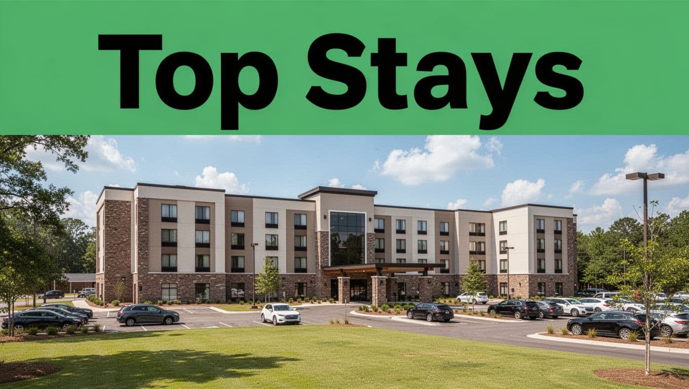 Modern hotel exterior in Opelika Alabama featuring green lawns and parking lot under sunny sky with bold Top Stays headline on green band.