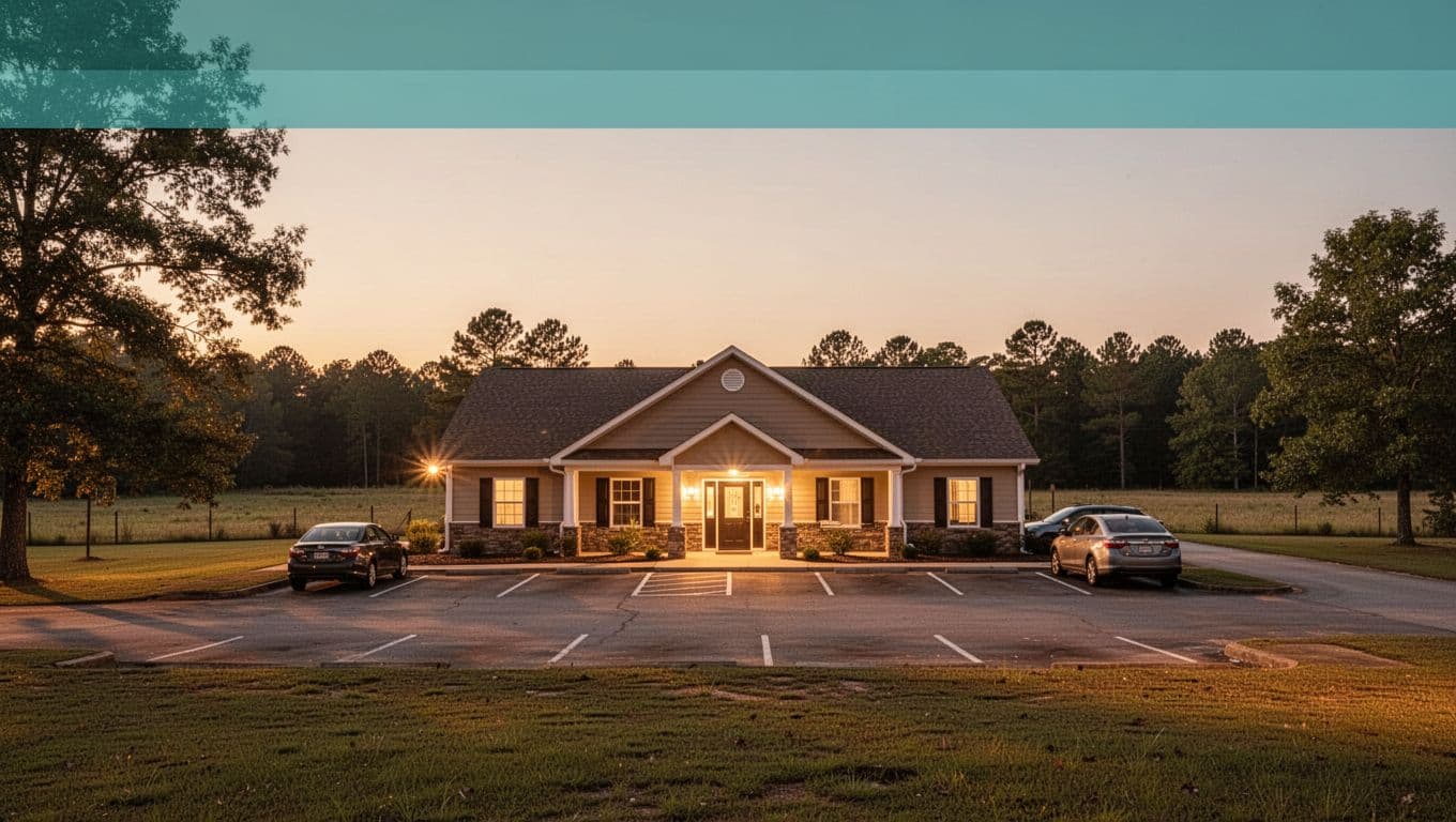 Green band with TOP STAYS headline above cozy single hotel exterior, parking lot, and warm lights in rural Alabama at dusk.