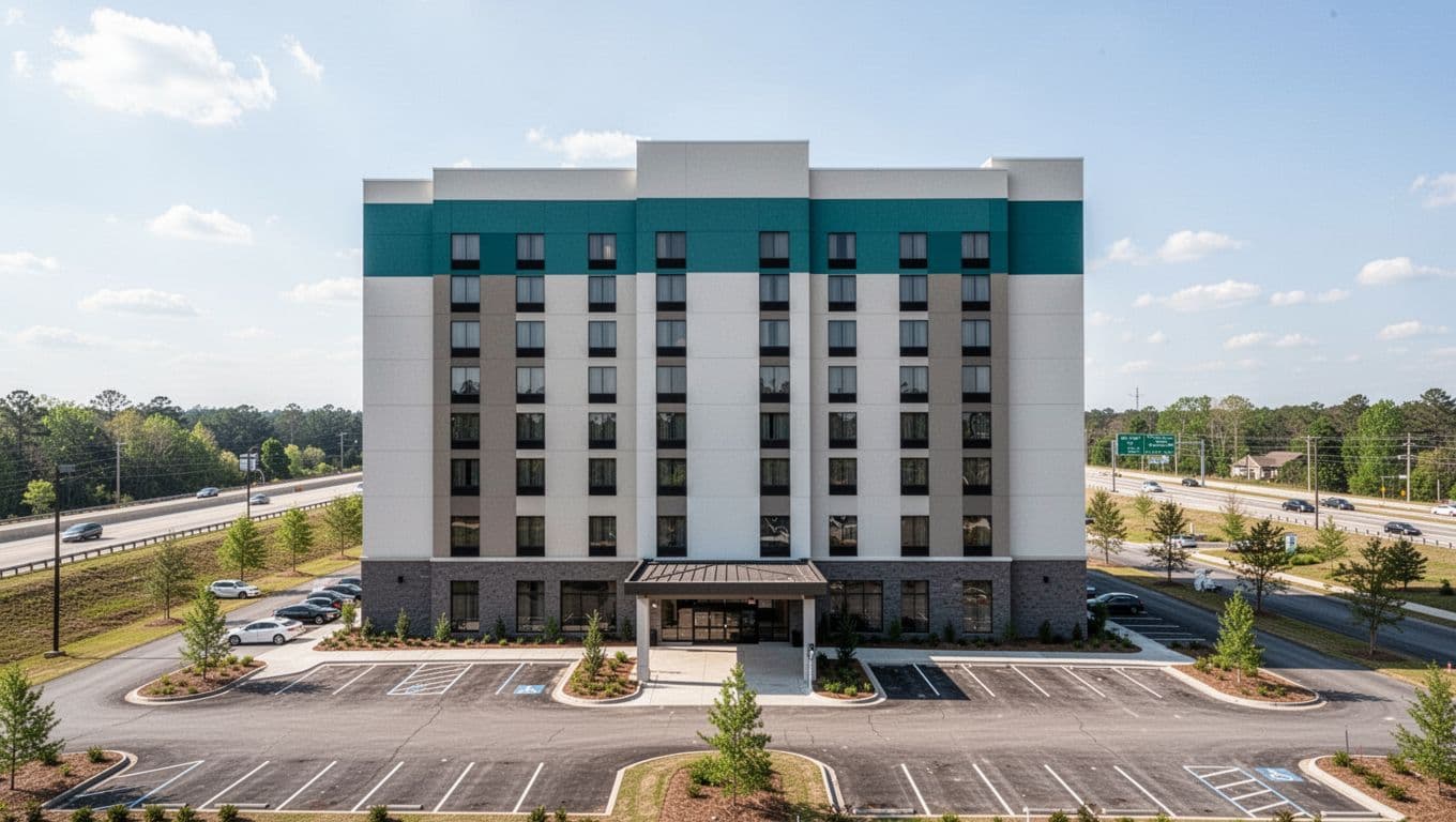 Modern hotel facade with parking lot, entrance, and sign under green TOP STAYS band in daylight.