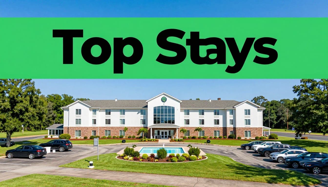 Modern hotel exterior in rural Alabama near Talladega Speedway, featuring parking lot, outdoor pool, and green lawns under clear blue sky, branded with bold 'Top Stays' headline.