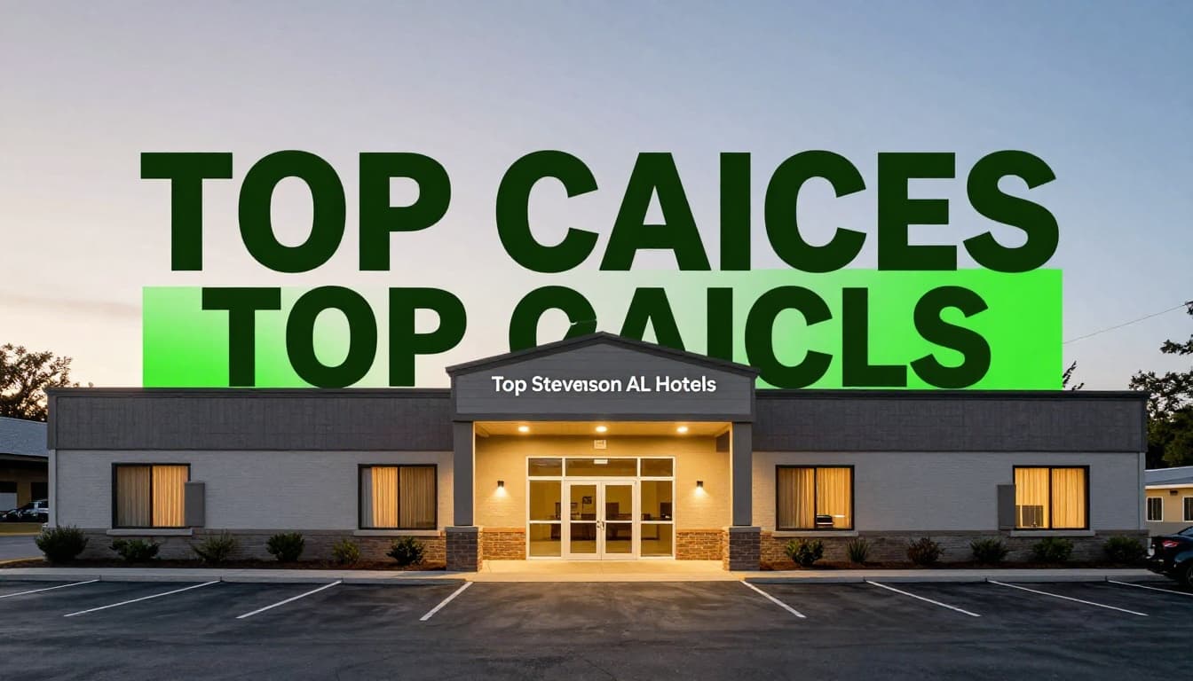 Exterior of a modern budget hotel in Stevenson, Alabama at dusk, centered on the entrance with parking lot and sign, under soft evening lighting with warm glows and a bold 'TOP PICKS' headline band in green.