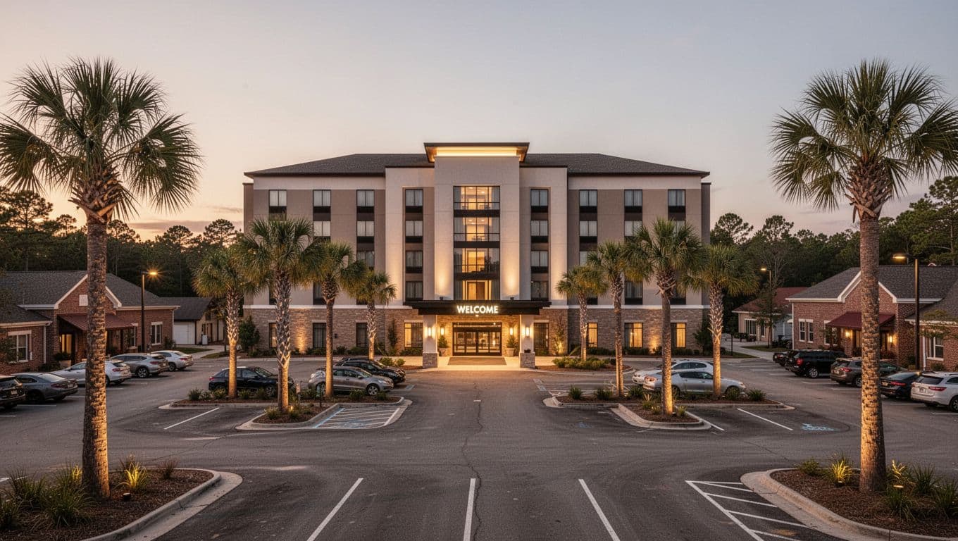 Photorealistic exterior of a modern hotel in Sylacauga, Alabama at dusk with palm trees, parking lot, and warmly lit welcoming entrance. Features bold 'Top Sylacauga Stay' headline on green band in editorial style.