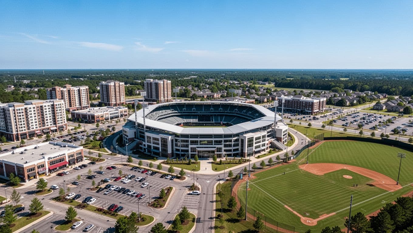 Photorealistic aerial view of Toyota Field stadium in Madison, Alabama, showcasing surrounding Town Madison shops, hotels, parking, and baseball field under clear blue skies with bold 'Toyota Field Area' headline.