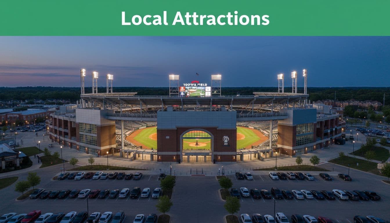 Vibrant evening exterior of Toyota Field baseball stadium in Madison, Alabama, featuring main entrance with green field visible through gates, illuminated scoreboard, seating stands, and distant arriving crowd amid suburban parking lot.