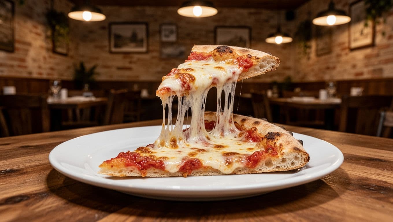 Single pizza slice with cheese pull on plate in warm rustic Italian restaurant under green Trattoria Pizza banner.