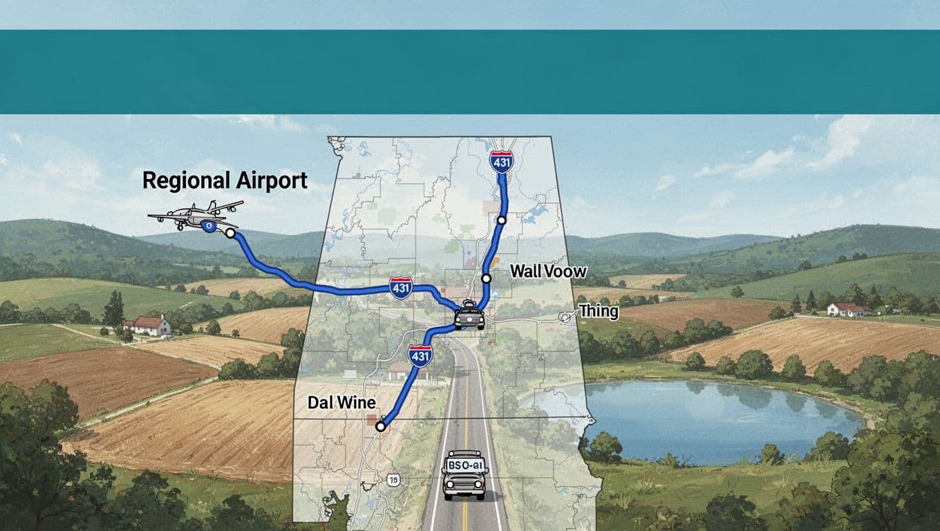 Green band with bold 'Travel Tips' headline over map of New Hope near Huntsville airport, car icon on US-431, rolling hills and lake.