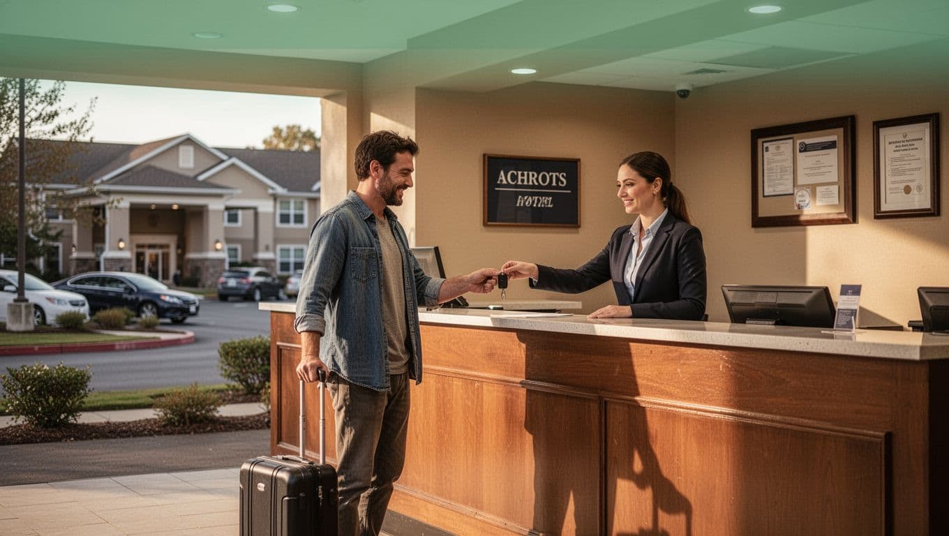 A relaxed traveler with suitcase checks into a suburban hotel front desk, receiving a key from staff under warm lighting, centered composition with bold 'Pick Smart' green headline band at top.