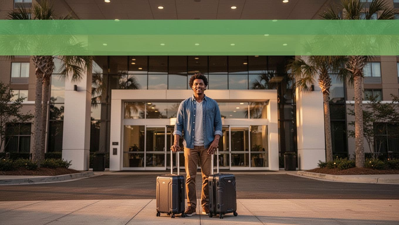 A relaxed traveler stands with suitcase outside a modern hotel entrance in Alabama's golden hour evening light, subtle palm trees in background, featuring bold 'Pick Your Stay' headline in green band.