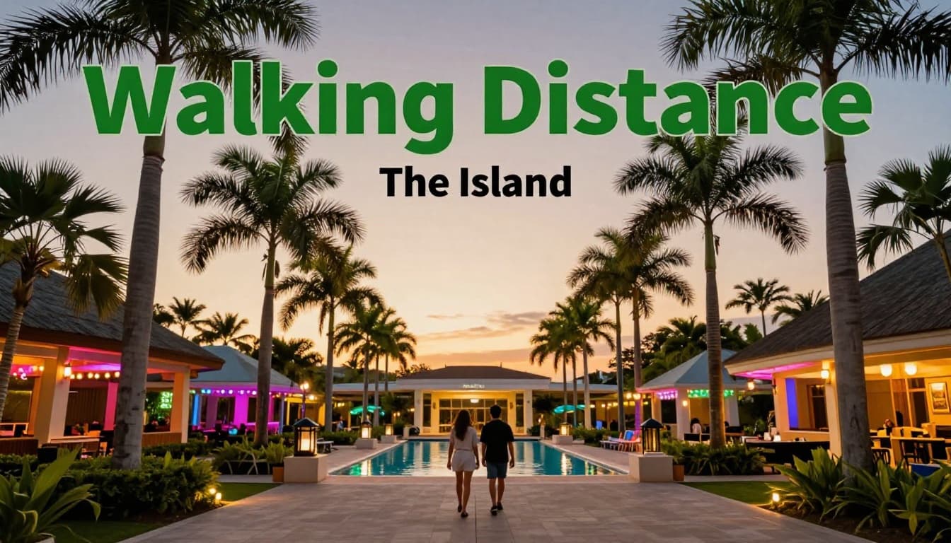 Modern tropical resort hotel exterior at dusk with palm trees, colorful lights, central pool, and one couple walking toward the entrance, featuring a bold 'Walking Distance' headline in a clean editorial style.