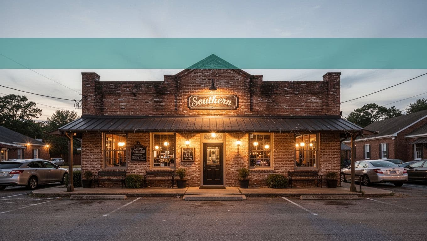 Cozy Southern restaurant exterior in Troy, Alabama at dusk, classic brick building with centered door, welcoming sign, parking lot, and warm window lights in wide-angle view. Features bold 'Best in Troy' headline on green band at top.