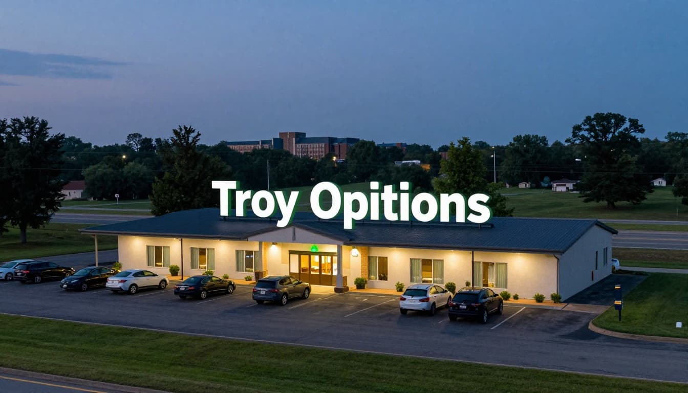 Modern budget motel exterior along highway in small Alabama town at dusk, with large parking lot, lit outdoor pool, glowing entry sign, distant university silhouette, and green lawns. Branded with green top band featuring 'Troy Options' headline.