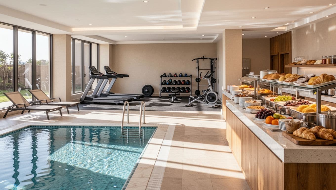 Indoor hotel amenities scene featuring poolside lounge, fitness center, and breakfast buffet in a Troy, Alabama hotel, captured in a wide landscape view with bright natural daylight.