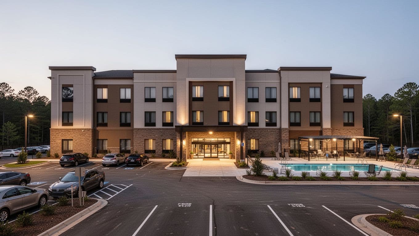 Modern hotel exterior in Troy Alabama at dusk with parking lot, pool area, welcoming entrance, warm lighting, and top green 'Troy Hotels' band.