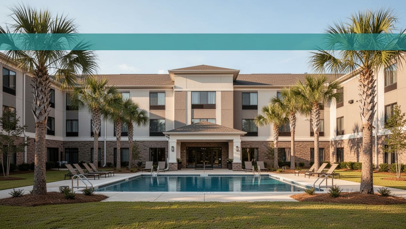 Modern suburban hotel exterior in Trussville, Alabama, with outdoor pool and palm trees in the foreground under sunny afternoon light. Bold green band near top features 'TRUSSVILLE HOTELS' headline, wide landscape centered on entrance and pool area.