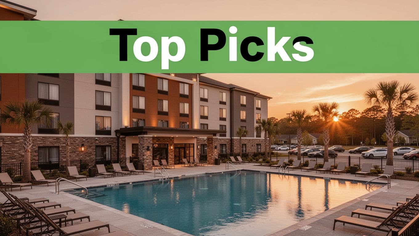 Photorealistic modern hotel exterior in suburban Trussville, Alabama, featuring an outdoor pool, lounge chairs, palm trees, and parking lot during golden hour sunset with warm orange lighting and water reflections. Branded with edge-to-edge green 'Top Picks' header band.