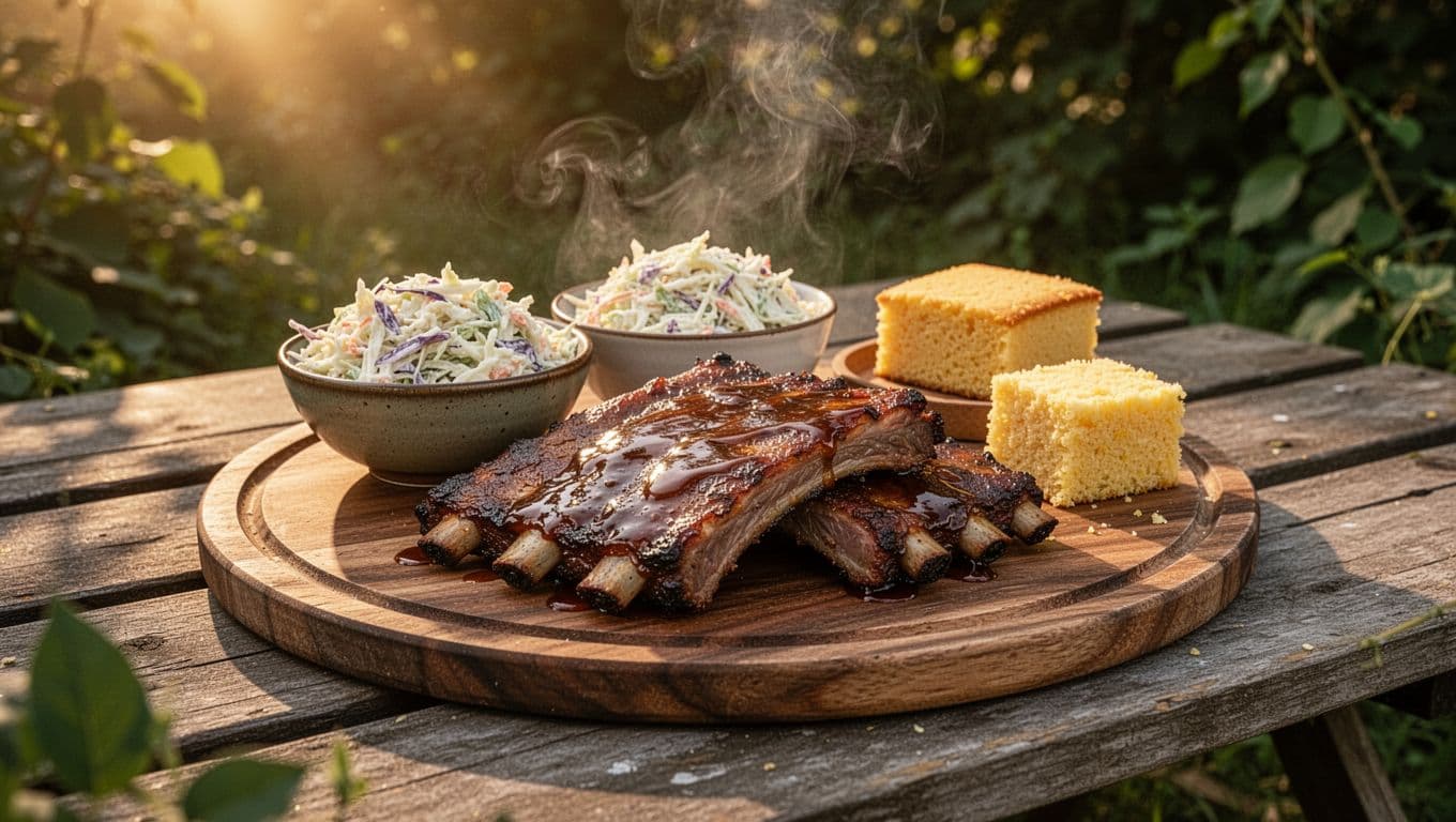 Barbecue ribs smoked to perfection with sauce, coleslaw, and cornbread on a rustic wooden platter at an outdoor picnic table near Trussville Alabama greenery under golden hour sunlight.