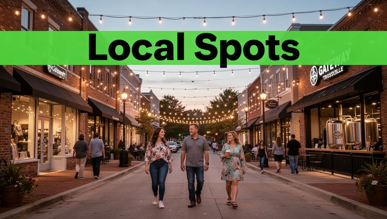 Vibrant evening scene of The Gateway entertainment district in Trussville Alabama featuring boutique shops a brewery and sparse pedestrians under string lights with warm glows.