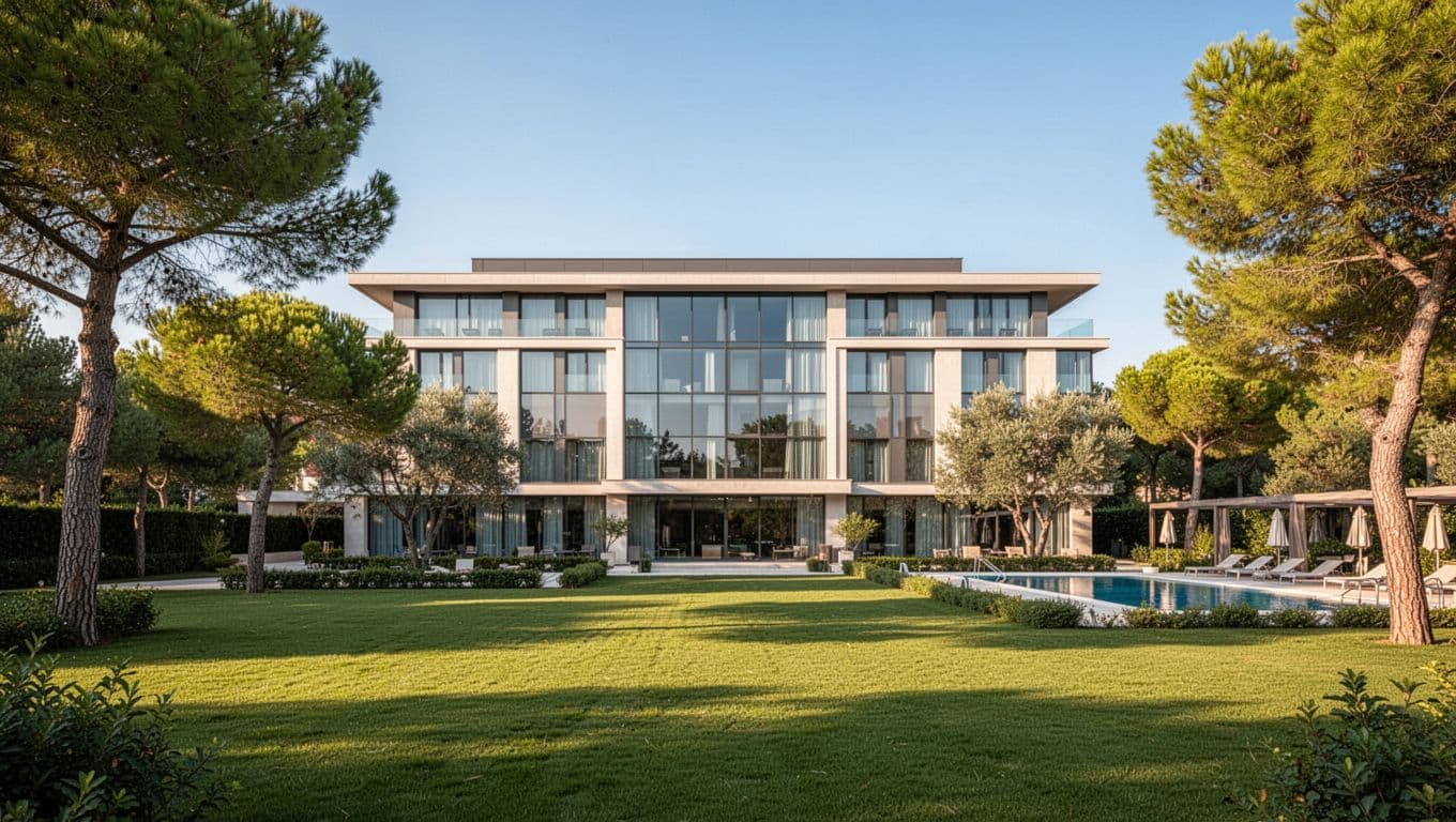 Exterior of a modern mid-range hotel resembling Hampton Inn in suburban Trussville, Alabama, surrounded by green lawns and trees, with an outdoor pool visible under a clear blue daytime sky and warm natural sunlight.