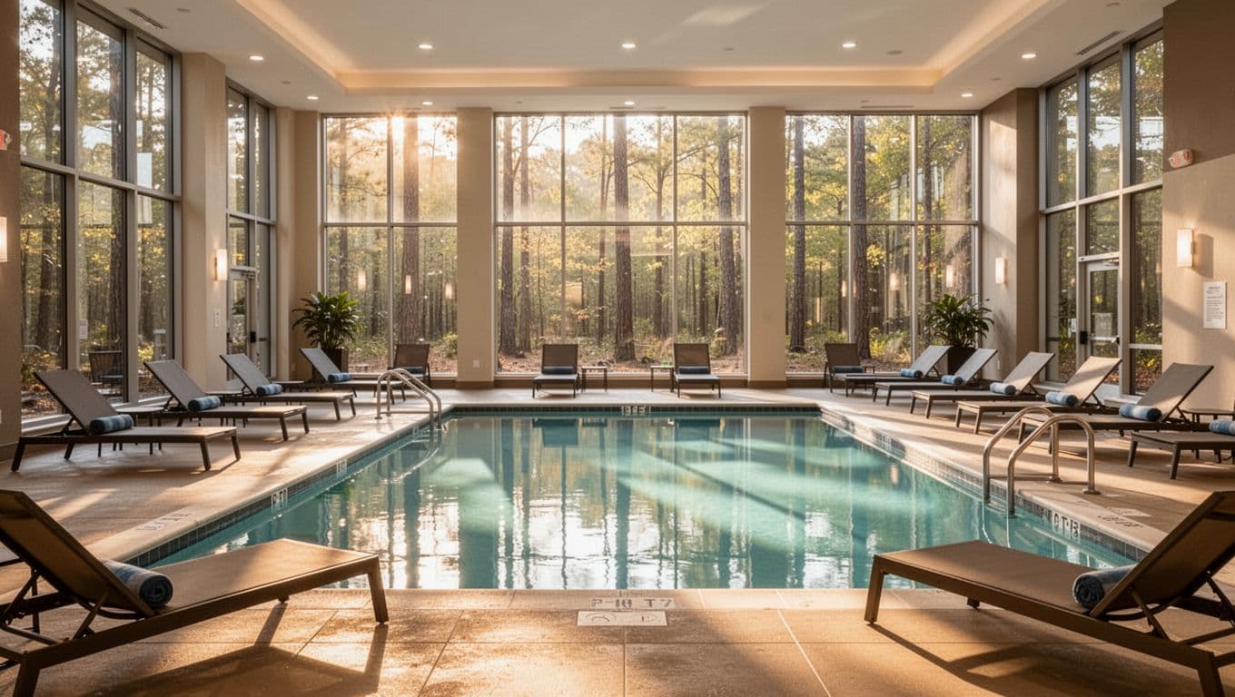 Comfortable indoor pool area at Trussville Inn featuring lounge chairs, large windows with views of Alabama woods, bright daylight, and modern clean design. Bold branded header with 'Trussville Pool' in green band at the top.