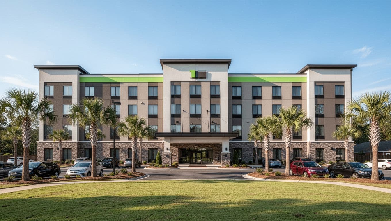 Wide-angle view of modern hotel front entrance in Trussville, Alabama near Clay, with parking lot, few cars, palm trees, green lawn, and clear blue sky. Features bold 'Trussville Stays' headline in green band at top.