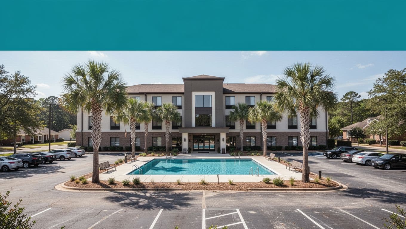 Modern chain hotel exterior in Tuscaloosa, Alabama area, featuring visible pool, palm trees, parking lot, and welcoming entrance. Bold editorial style with 'Nearby Hotels' headline in #22C55E green band at top.