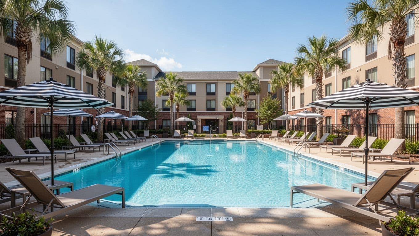 Empty outdoor hotel pool in Tuscaloosa Alabama with lounge chairs umbrellas palm trees sparkling blue water under clear sky wide shot of building facade vibrant summer lighting branded with Tuscaloosa Stays headline.