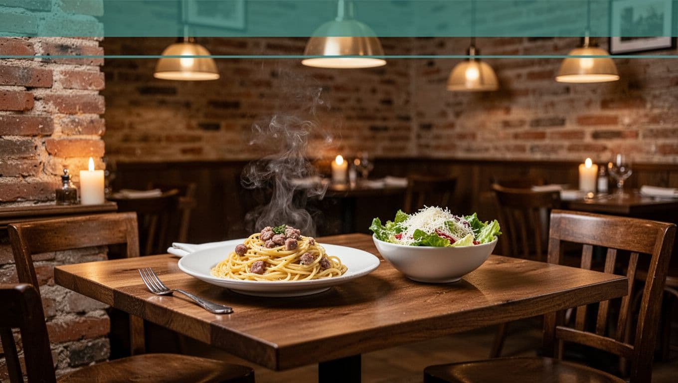 Cozy Italian restaurant dining room in Tuscaloosa with candlelit wooden table setting one plate of pasta carbonara and a bowl of fresh Caesar salad, exposed brick walls, warm ambient lighting from pendant lamps, bold 'Italian Gem' headline on green band.