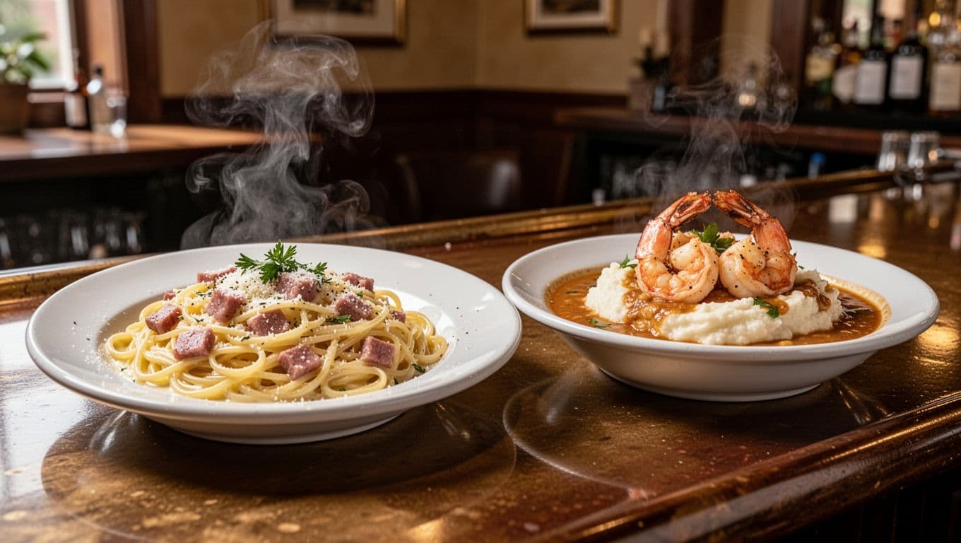 Pasta carbonara plate beside shrimp and grits on polished bar table in restaurant interior with green 'Local Favorites' banner at top.