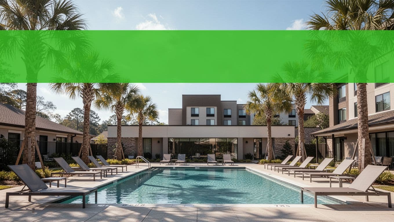 Green top banner reads 'Tuscaloosa Options'; below, sunny hotel poolside with lounge chairs, palm trees, and building facade.