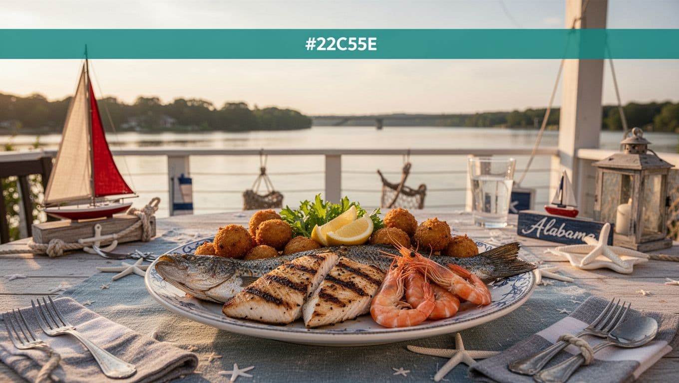 Fresh seafood platter with grilled fish fillets, shrimp, and hushpuppies on a seaside-inspired outdoor patio table overlooking the Black Warrior River in Tuscaloosa, under soft evening light with nautical decor and subtle Alabama accents. Bold 'Seafood Pick' headline on a high-contrast green band at the top, no people or hands.