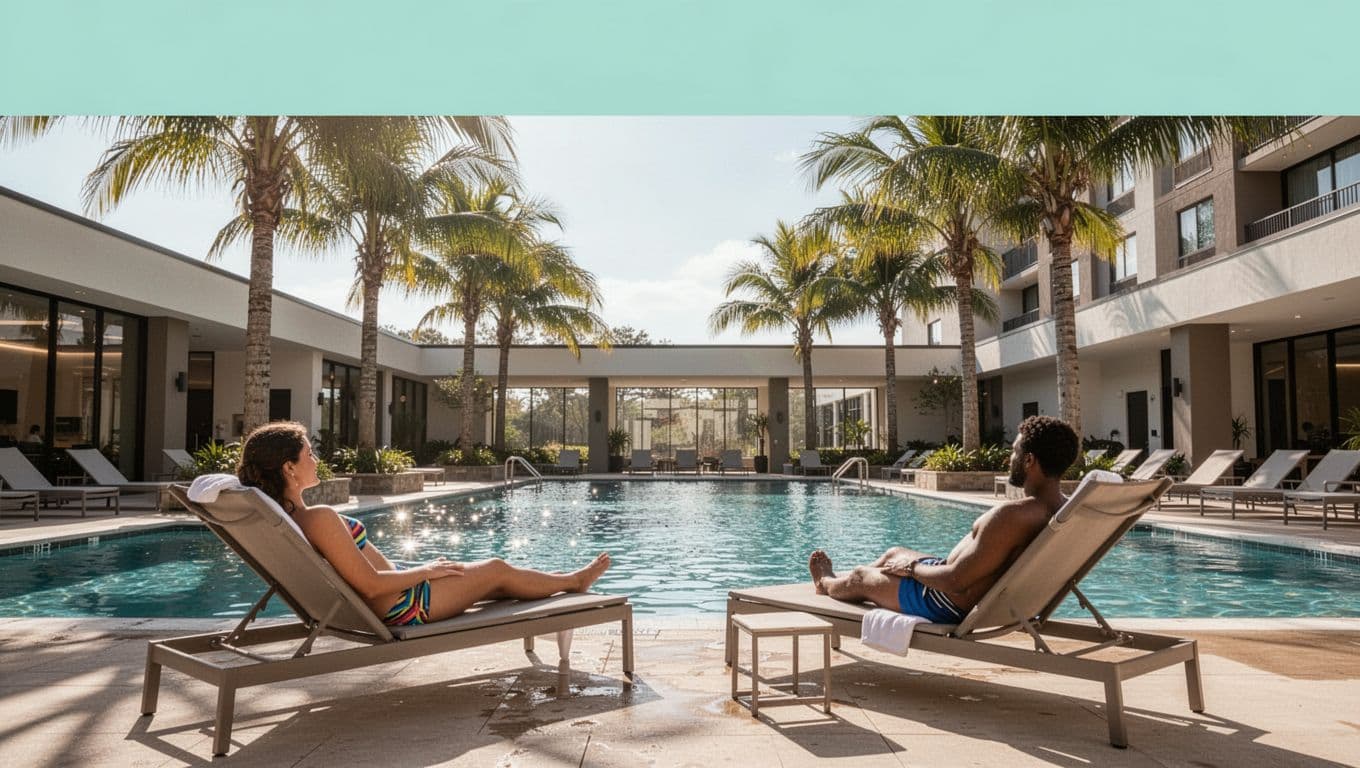 Modern hotel pool area at a Tuscaloosa property near UA, with lounge chairs around a sparkling blue pool, palm trees, sunny afternoon, and exactly two people relaxing in swimsuits in clean contemporary style. Features a bold 'Hotel Amenities' headline in Title Case on a green color band near the top.