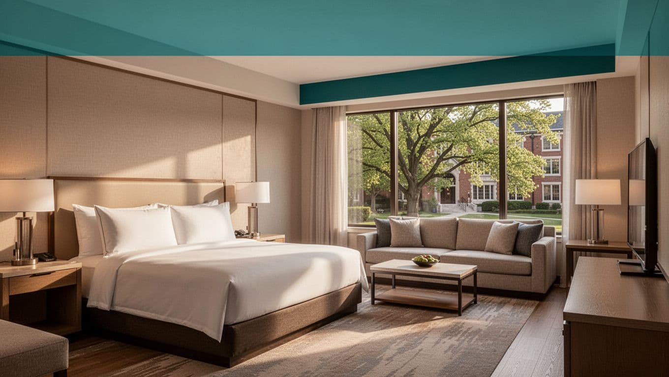 Cozy empty hotel suite interior near Tuscaloosa university with king bed, sitting area, campus tree view through large window, and warm natural light in modern neutral tones. Bold 'Suite Options' headline in green band at top.