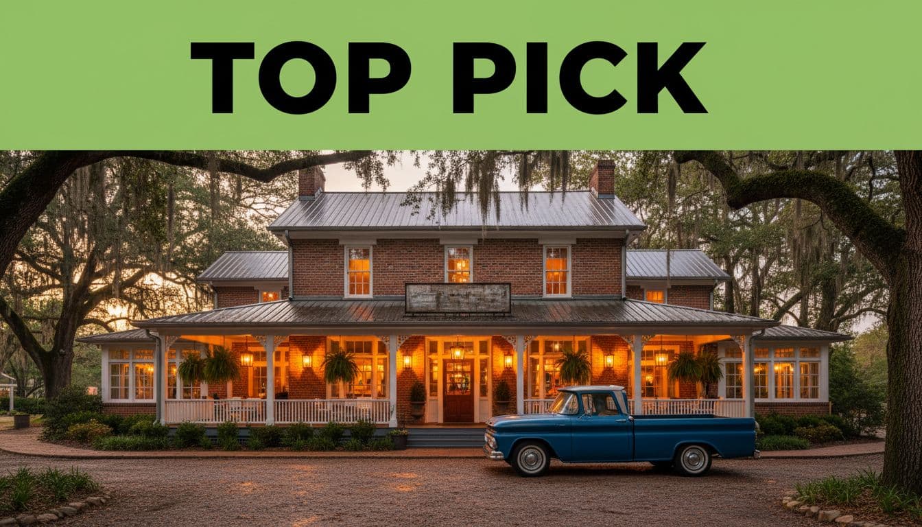 Classic Southern restaurant exterior in Tuscumbia at dusk with warm window lights, parked car, and green TOP PICK banner.