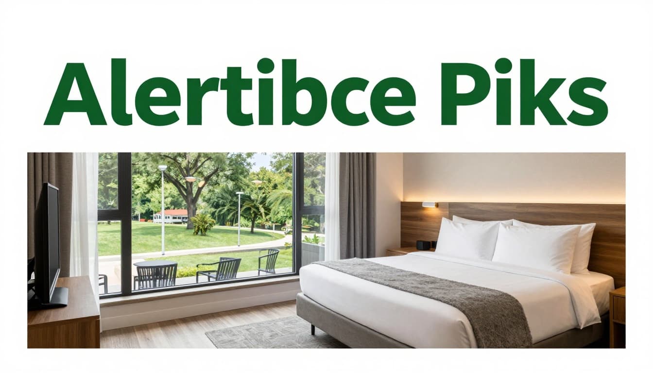 Modern clean hotel room interior with king bed, pillows, window showing greenery, warm lighting, and 'Nearby Picks' headline in bold green band.