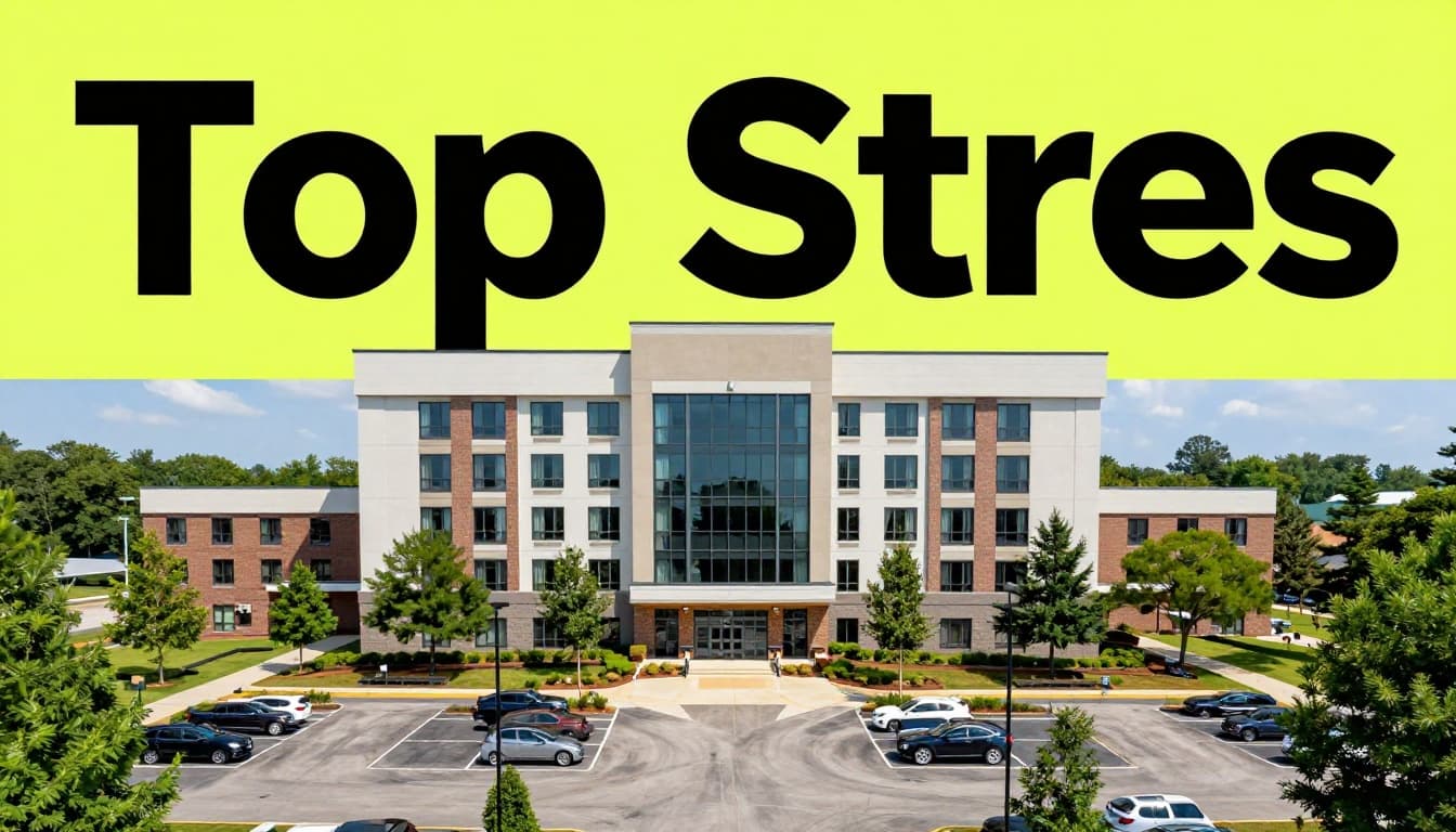 Exterior of a modern hotel in Tuskegee, Alabama on a sunny day with centered building, parking lot, and trees in wide landscape composition. Features bold 'Top Stays' headline in green band at the top.