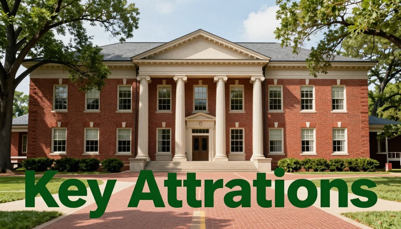 Historic red brick building on Tuskegee University campus in Alabama, featuring columns and trees in sunny daytime with soft natural light, realistic photography, centered composition, no people. Bold 'Key Attractions' headline in green geometric sans-serif band across the top 20% of the image.