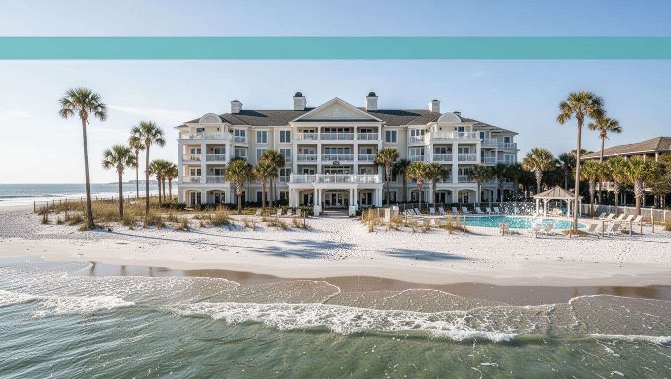 Sunny beachfront hotel on Tybee Island with ocean view rooms, white sand beach, gentle waves, palm trees, and inviting outdoor pool in realistic photo style.