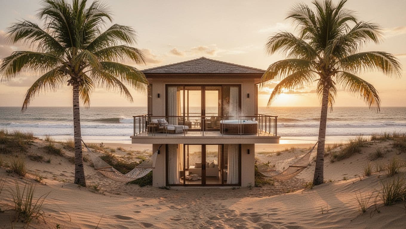 Cozy couples retreat hotel near Tybee Island beach with balcony overlooking dunes and sea at sunset, hammock between palms, and private hot tub area in warm golden hour lighting.