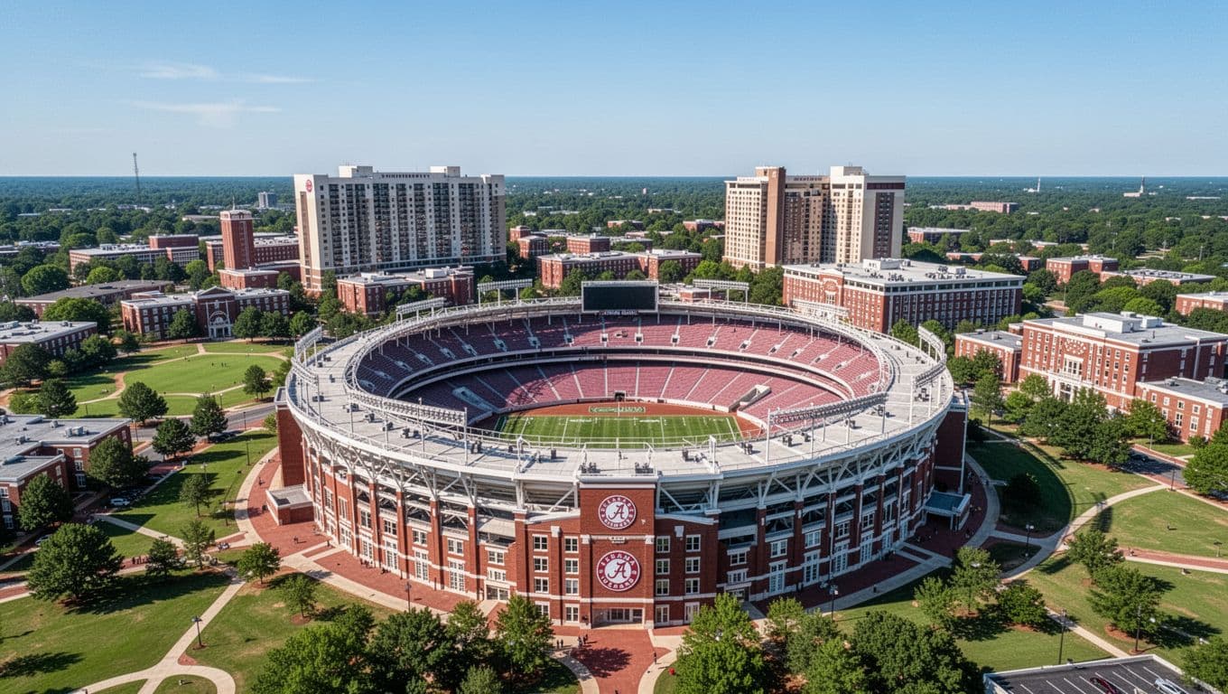 Daytime aerial view of University of Alabama campus in Tuscaloosa featuring prominent Bryant-Denny Stadium and nearby hotels, green quads, red brick buildings, clear blue sky, realistic photo with branded 'Campus Hotels' headline band at top.
