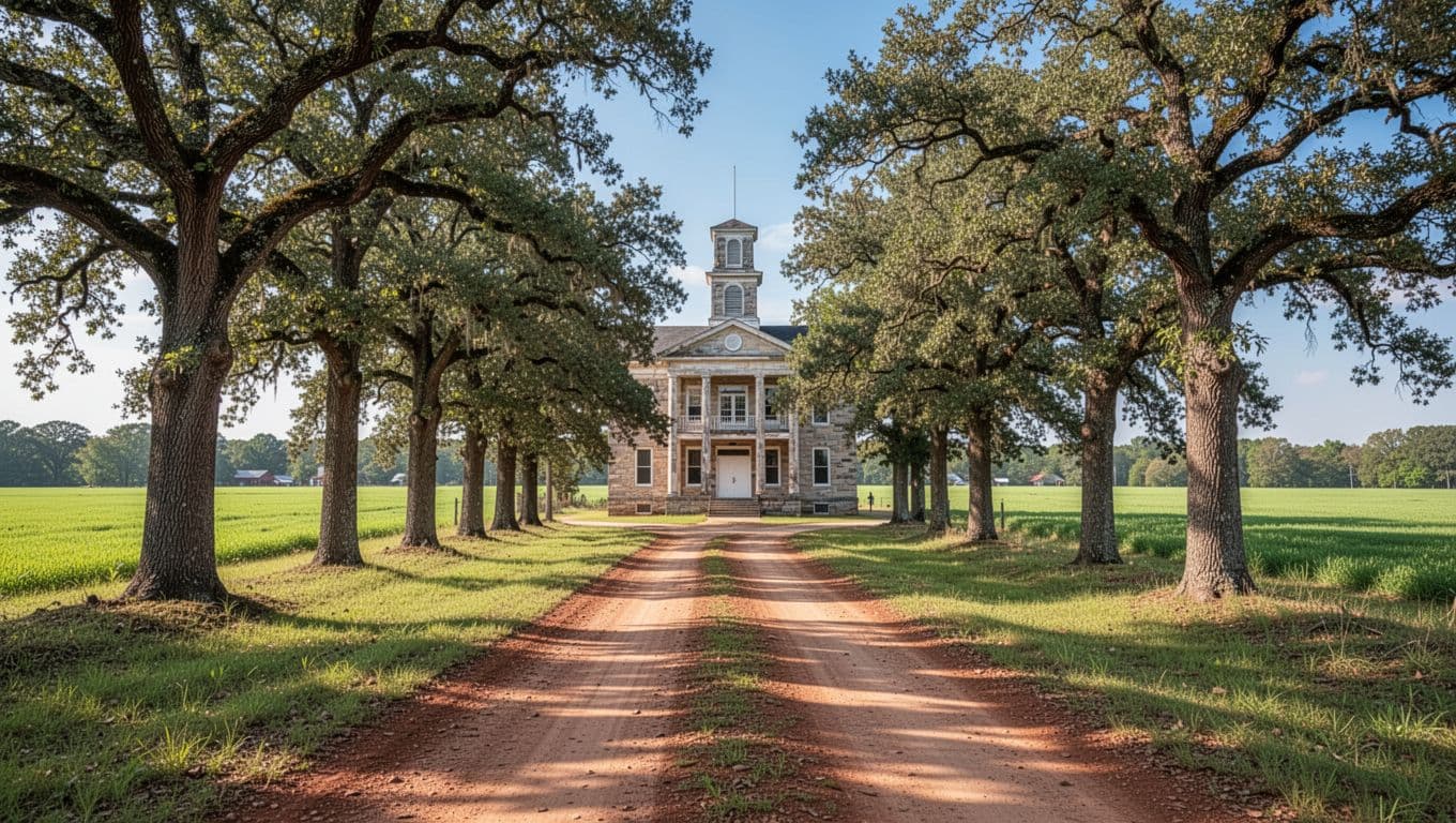 Scenic wide landscape of Union Springs, Alabama countryside with historic courthouse in town center, oak trees, dirt road, spring green fields, and blue sky in realistic photo style.