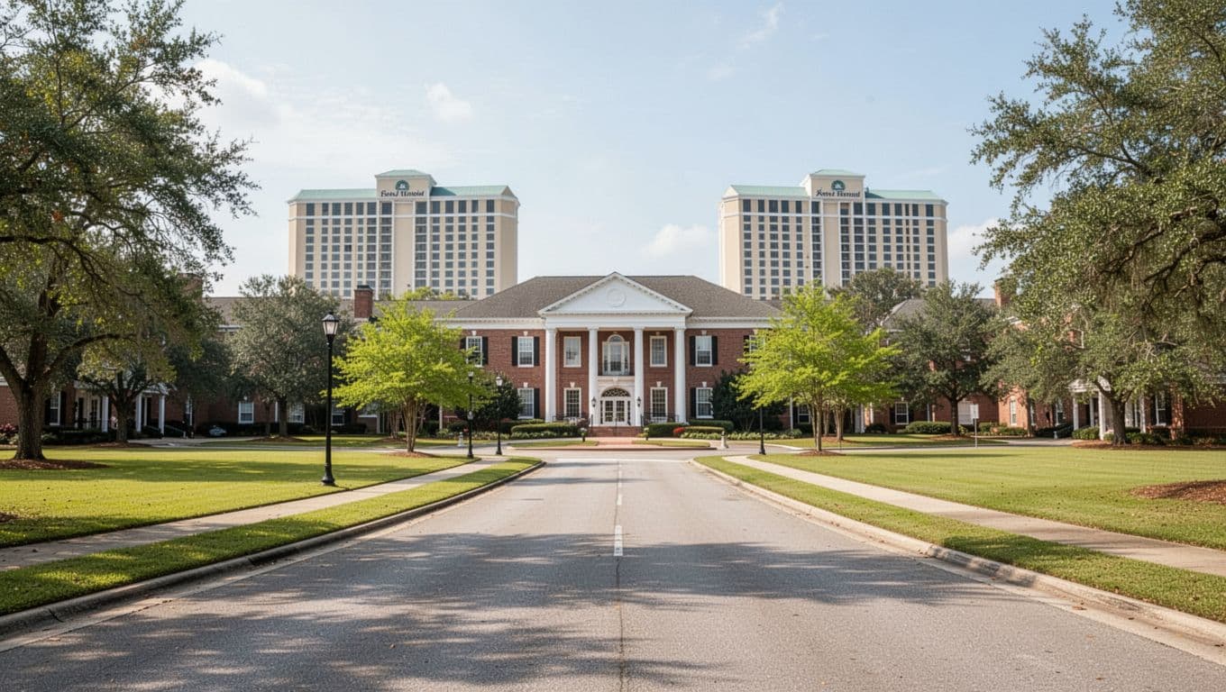 Landscape view of University of South Alabama campus entrance with nearby hotels in the distance on a sunny spring day in Mobile, Alabama, wide composition with road and green lawns, realistic photo style, bold 'Campus Hotels' headline on green band at top.