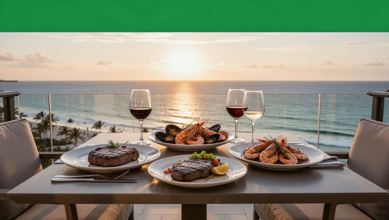  'Upscale Eats' headline on green band above dining table with steak, seafood platter, and wine glasses on sunset Gulf terrace.