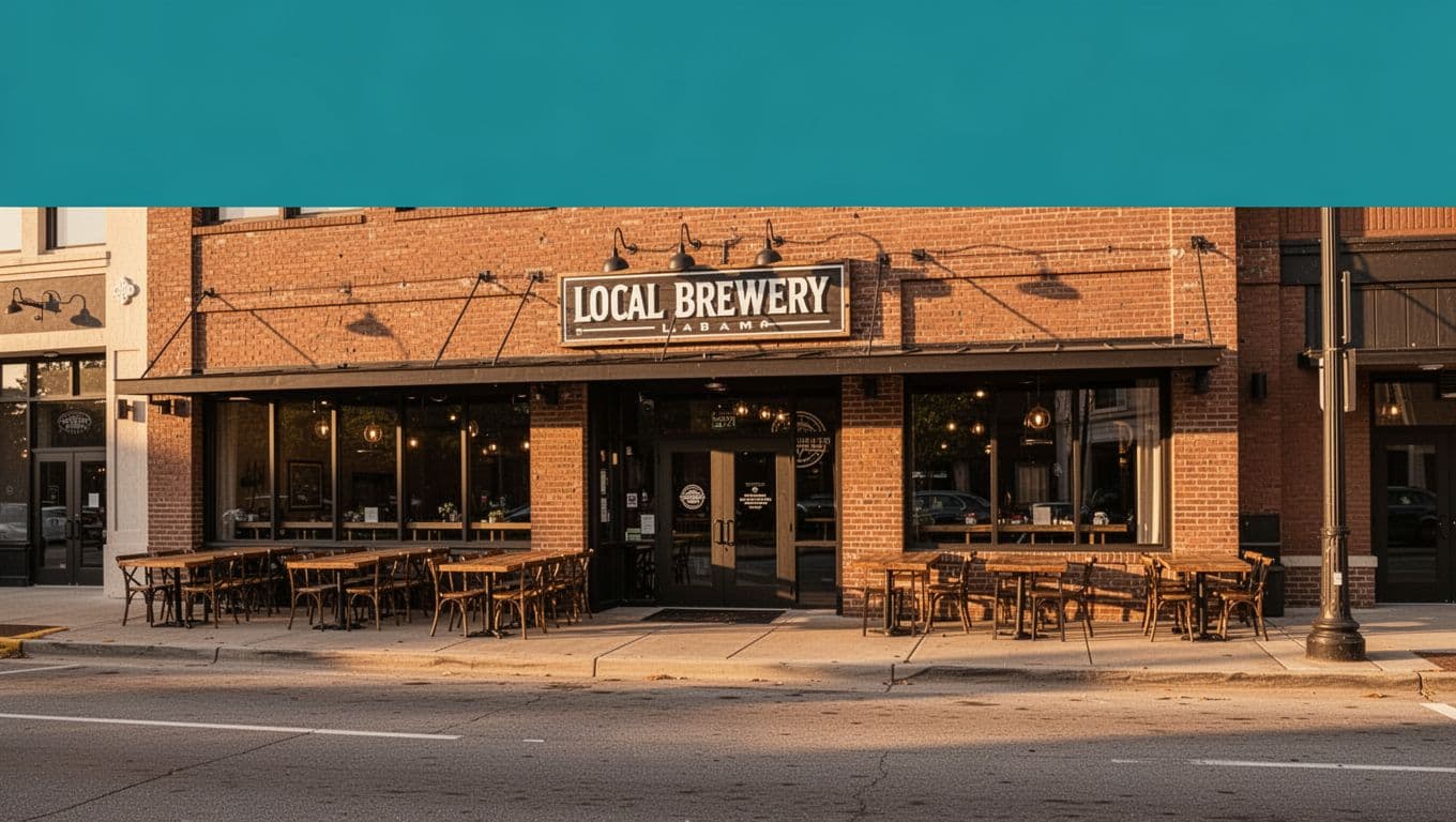 Vibrant golden hour street scene near Regions Field in Uptown Birmingham, Alabama, showcasing empty outdoor dining tables and a local brewery facade on the sidewalk. Top banner reads 'Nearby Dining' in bold green sans-serif font, realistic photo style with no people or vehicles.