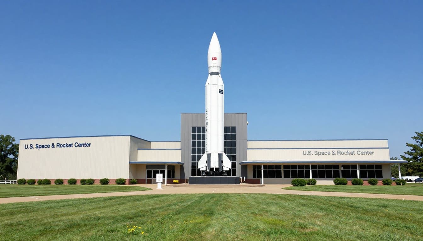 Exterior view of the U.S. Space & Rocket Center in Huntsville, AL, with rockets displayed outside the main building, green lawns, and blue sky in bright daylight. Landscape composition, sharp focus, realistic photography style, completely empty with no people, vehicles, text, or logos.