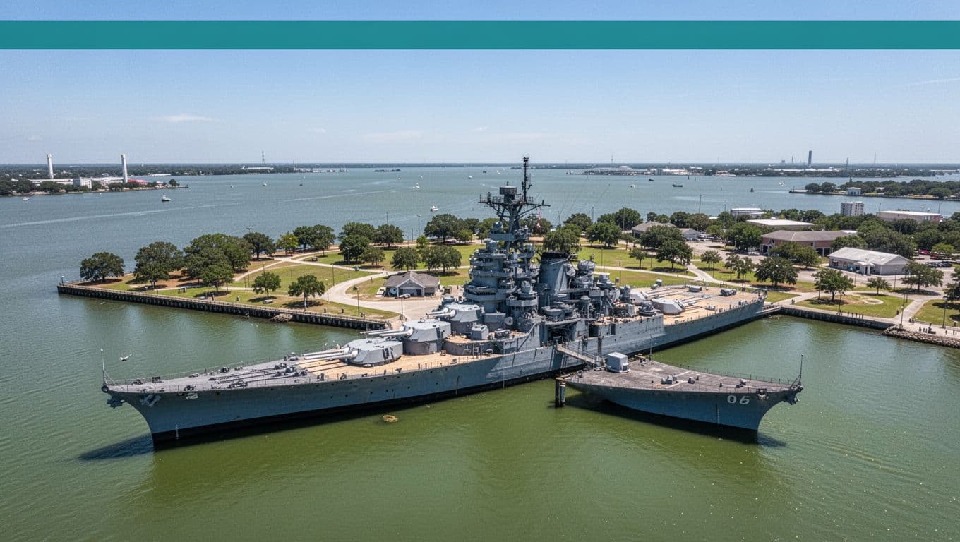 Aerial view of USS Alabama Battleship Memorial Park docked in Mobile Bay, featuring the battleship in the foreground amid green waters and clear skies in bright daylight. Top green band displays bold headline 'USS Alabama Park' for consistent series typography.