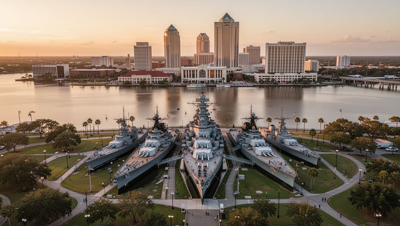 Aerial view of USS Alabama Battleship Memorial Park on Mobile Bay at dusk, with nearby hotels in downtown Mobile across the calm water reflecting lights, in realistic golden hour style.