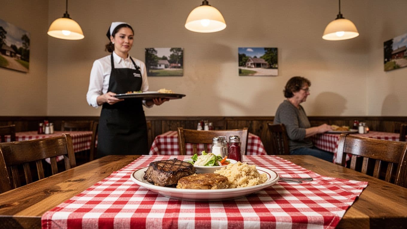 Cozy cafe with wooden tables, checkered cloths, Southern food plates, one customer, server carrying tray, 'VALLEY BEST' banner at top.