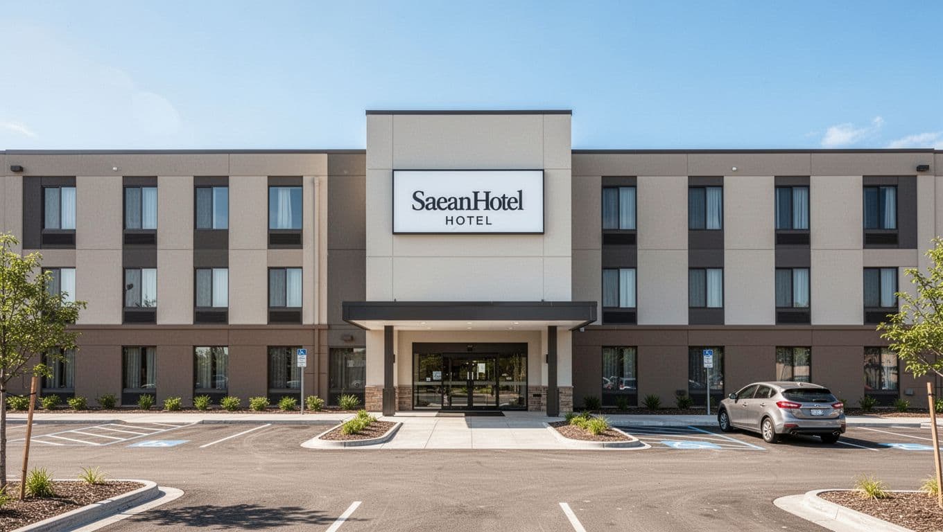 Front view of a modern hotel facade like Hampton Inn in Selma, Alabama near Valley Grande, with parking lot, one car, no people, sunny day, and green top band displaying 'Valley Grande Hotels'.