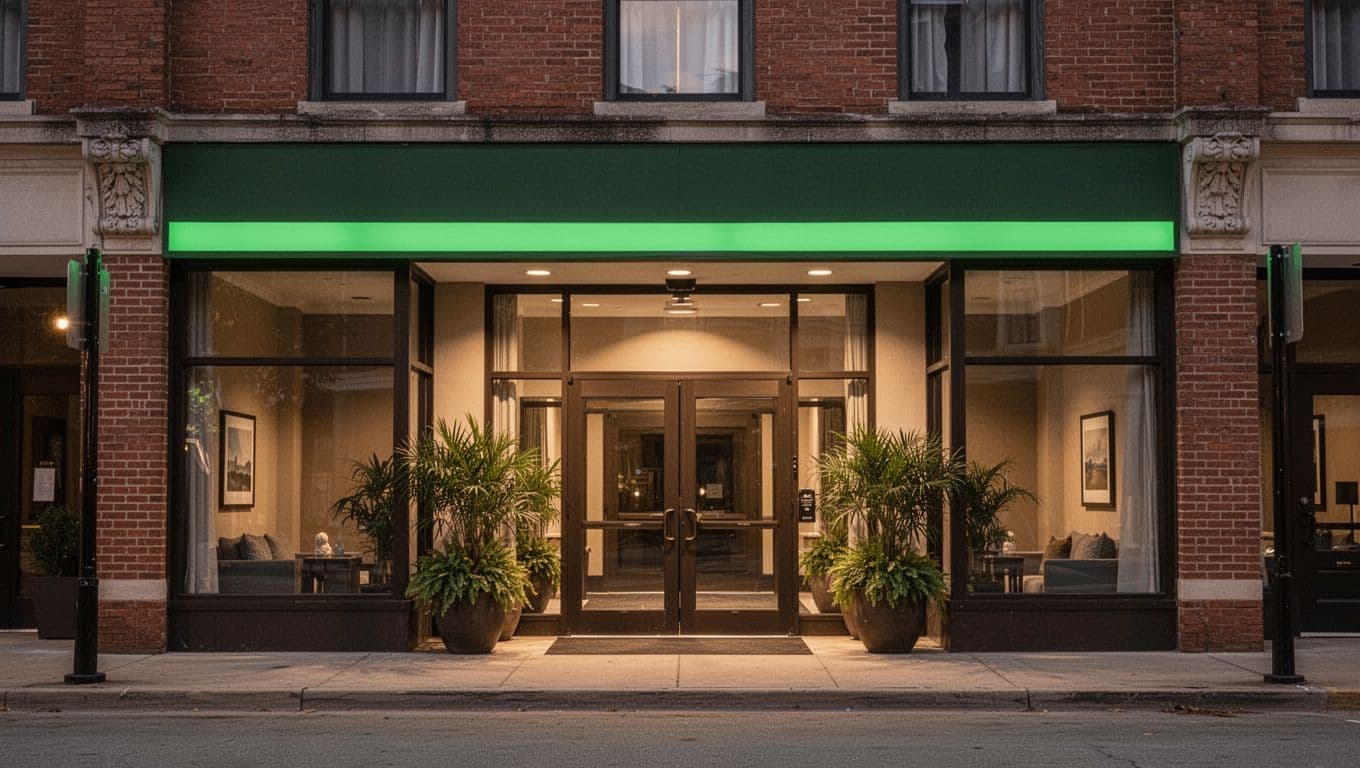 Comfortable hotel entrance facade in downtown Alabama with welcoming doors and plants under soft evening light, featuring a bold 'Value Stays' headline on a green band at the top.