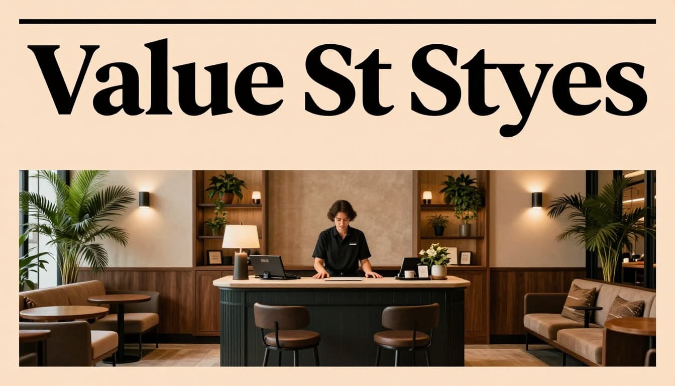 Clean modern hotel lobby interior with front desk, one relaxed staff member, comfortable seating, potted plants, and soft lighting in a centered realistic photo composition.